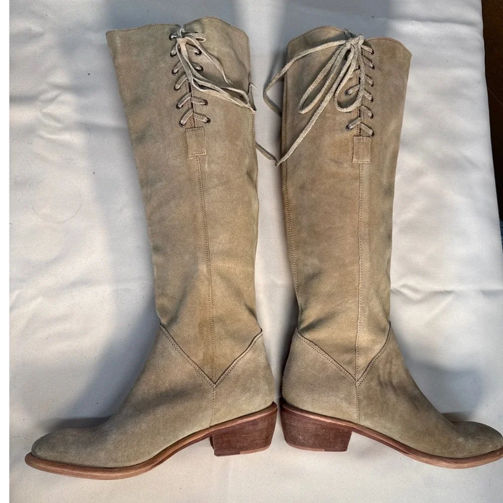 BX by Bronx Women Tan Suede Tall Lace Up Boots Size 8.5 Taupe Boho Low Heel